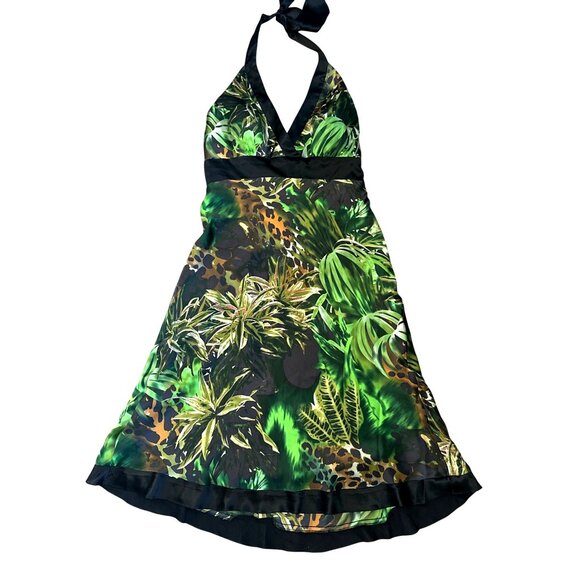 Cache Size Medium Green Jungle Print Silk Halter Dress Tropical Chic Resort Core - Picture 13 of 15